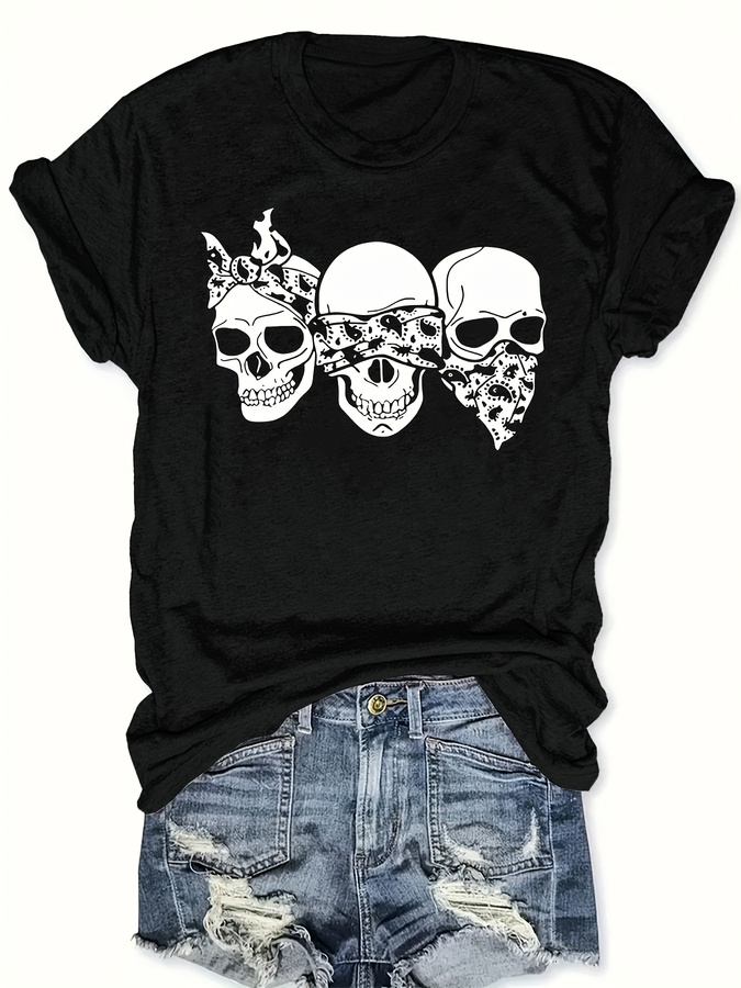 Street Fashion Trends 2025 - Kaos Tengkorak Kartun Happy, Longgar, Leher
